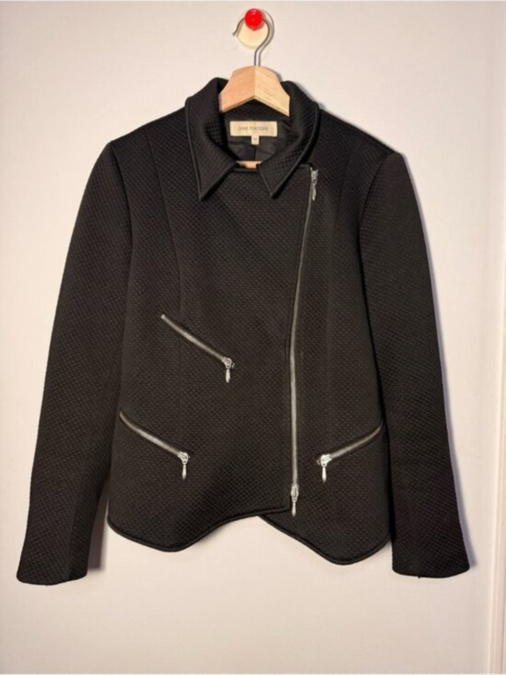 Anne Fontaine Black Quilted Asymmetrical Zippered Jacket size 44